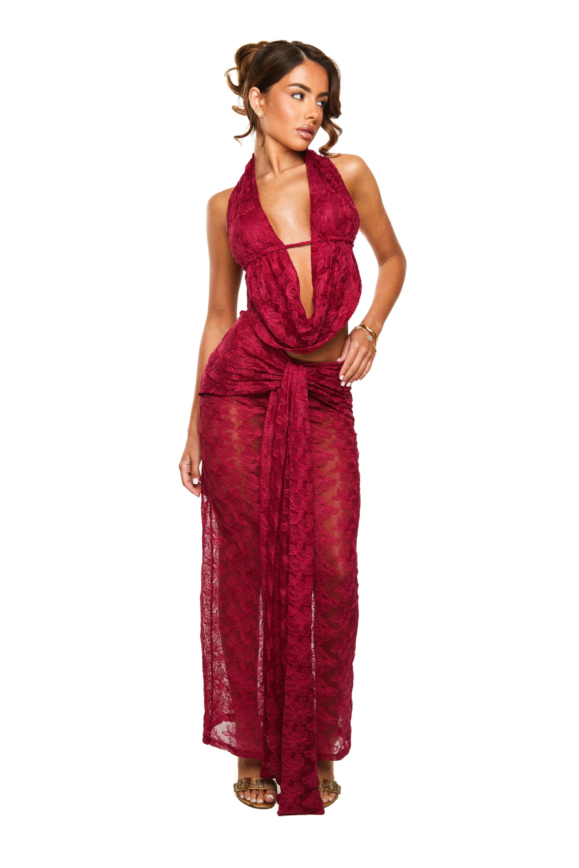 Drape Maxi Skirt | Floral Lace in Wine