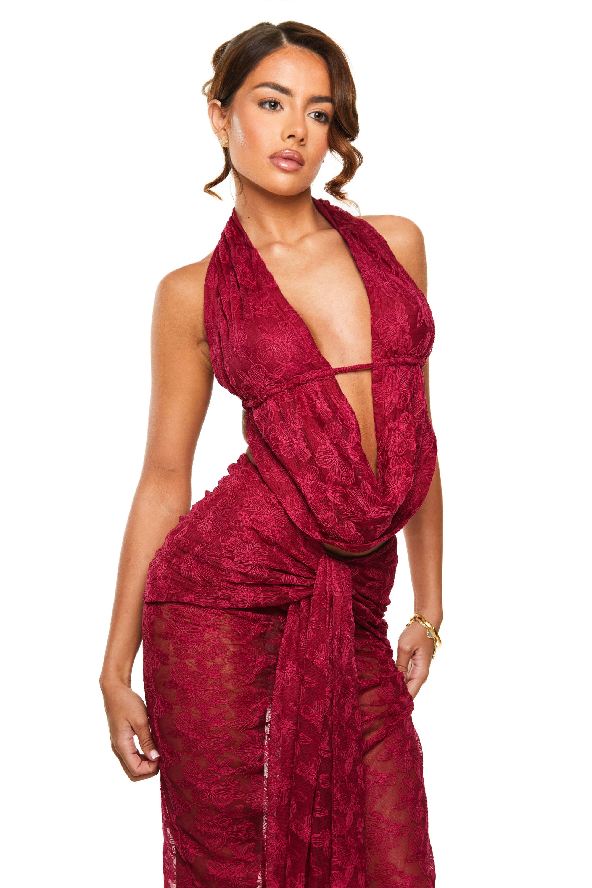 Drape Maxi Skirt | Floral Lace in Wine