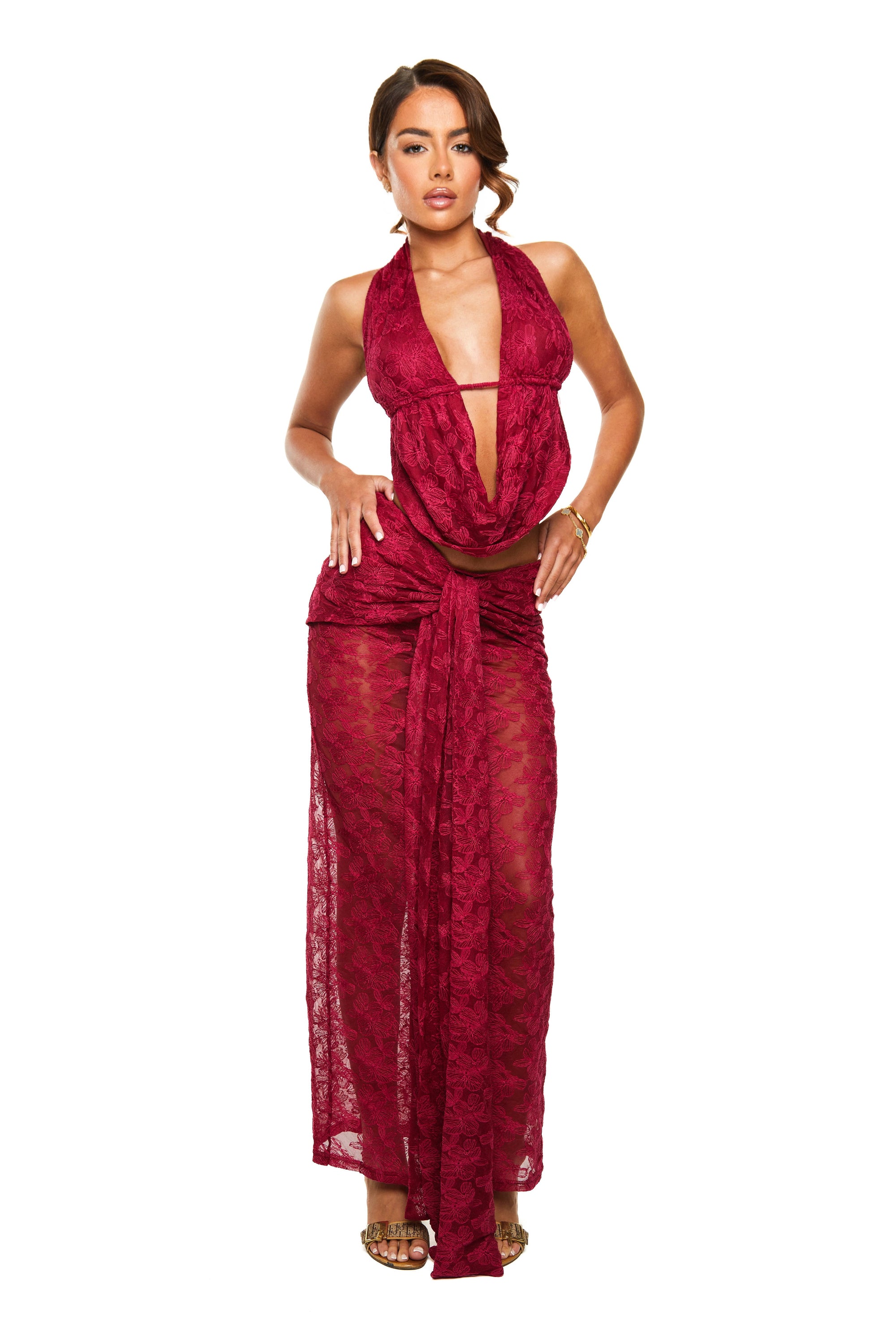 Drape Maxi Skirt | Floral Lace in Wine
