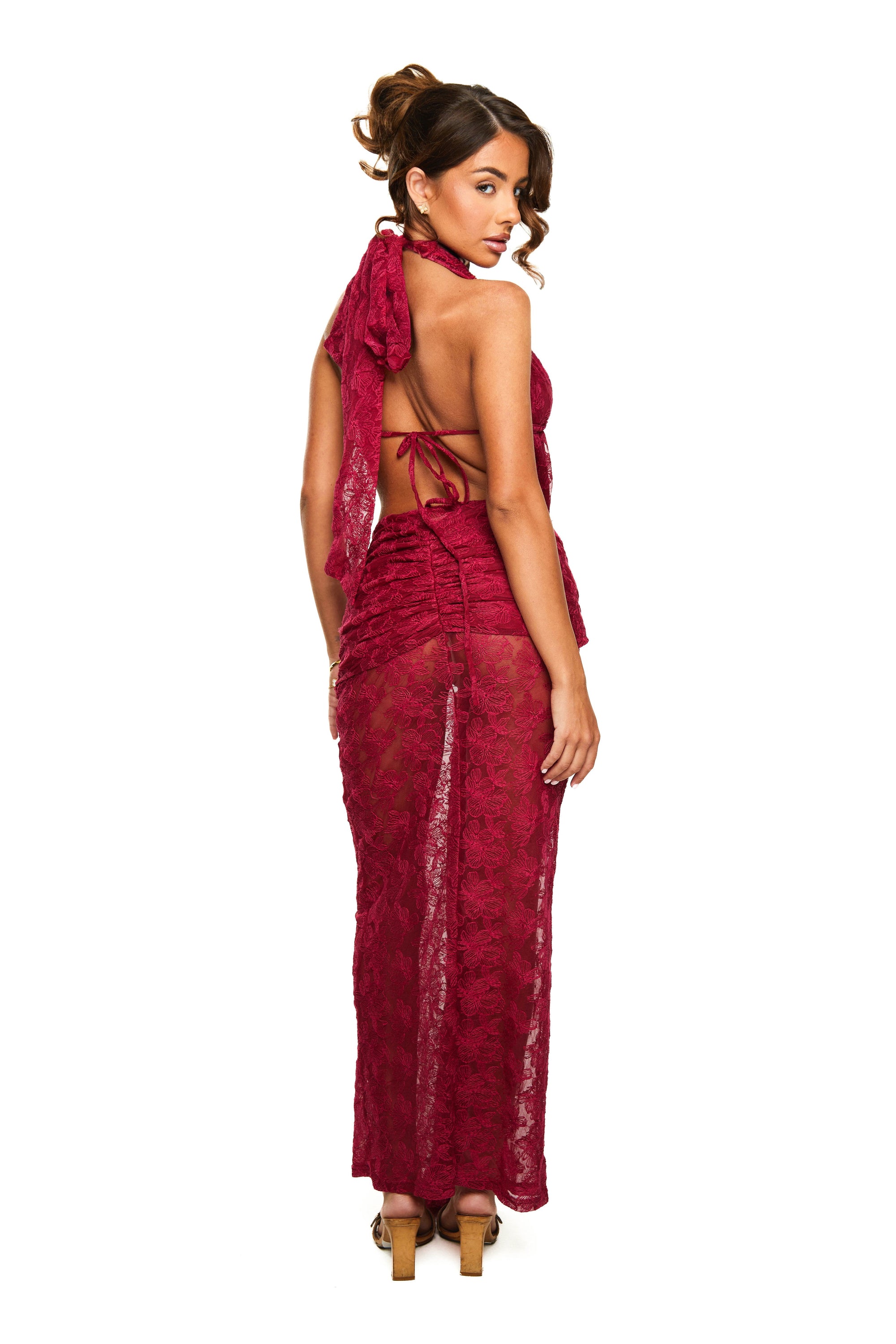 Drape Maxi Skirt | Floral Lace in Wine
