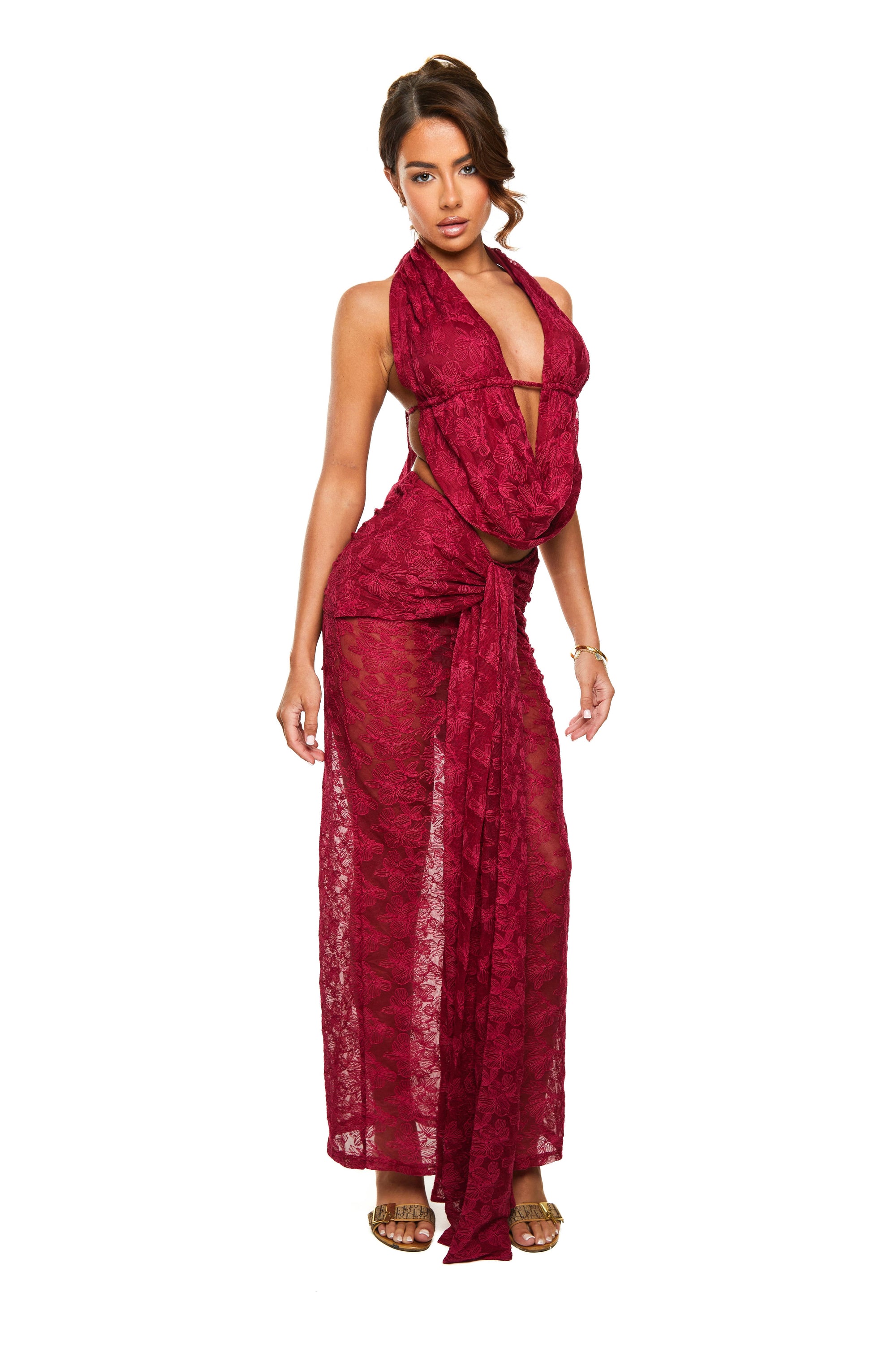 Drape Maxi Skirt | Floral Lace in Wine