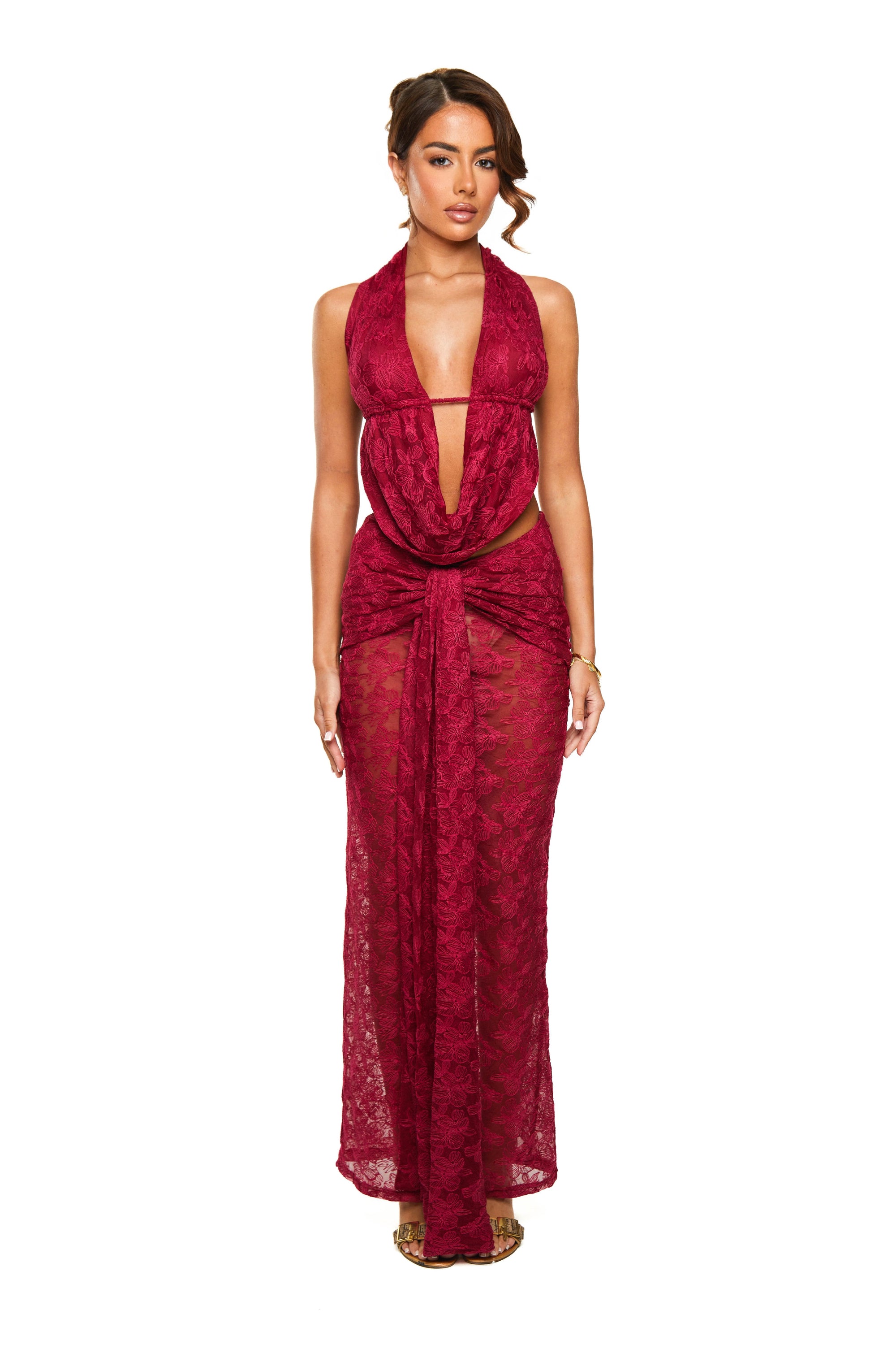 Drape Maxi Skirt | Floral Lace in Wine