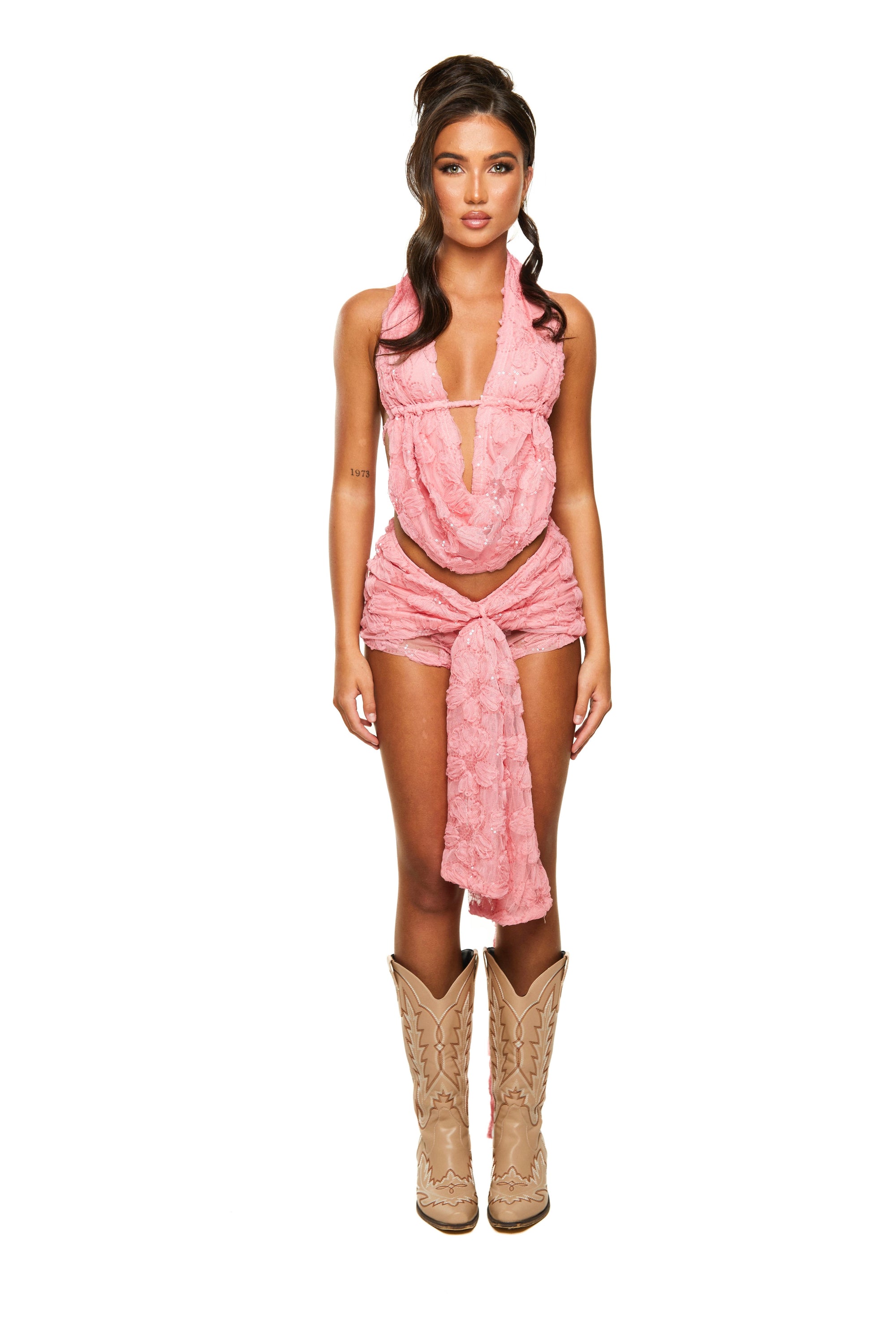 Deep Cowl Top | Sequin Floral Mesh in Bubblegum