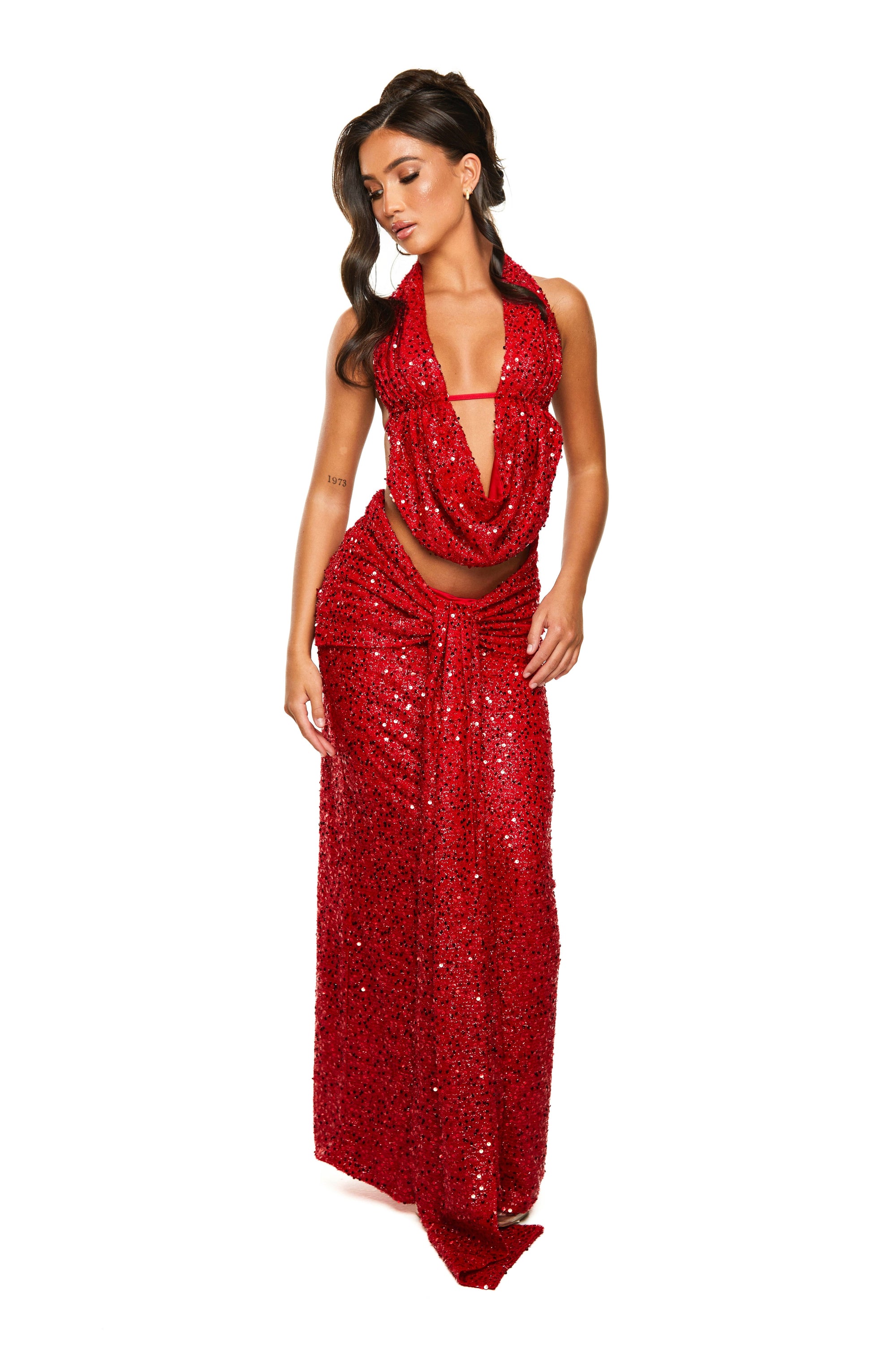 Drape Maxi Skirt | Premium Sequin in Cosmopolitan