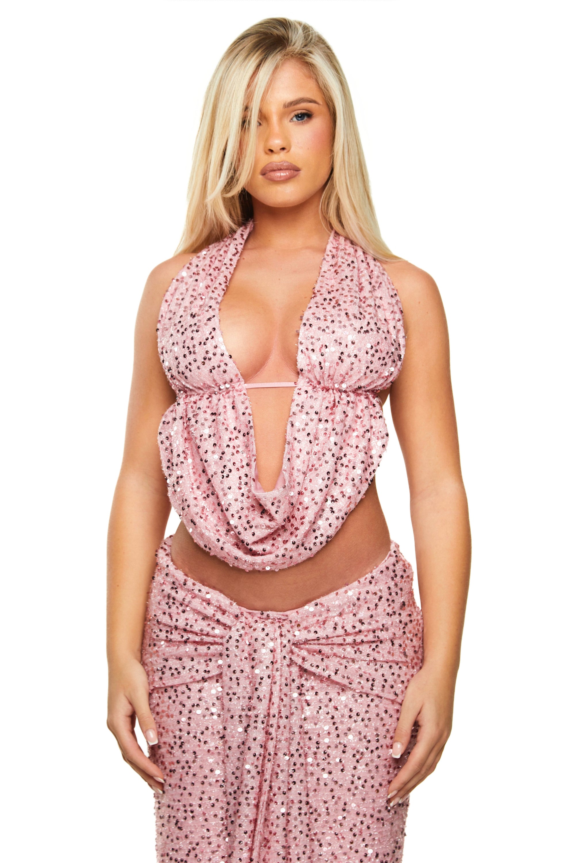 Deep Cowl Top | Premium Sequin in Pink Lemonade
