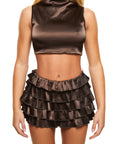 Structured Crop Top & Ruffle Skort | Silk in Dark Chocolate